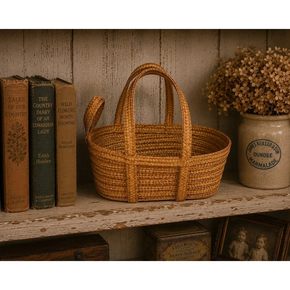 Vintage Hand Woven Straw Basket Oval Double Handle Cottagecore Decor 8.5 Inch